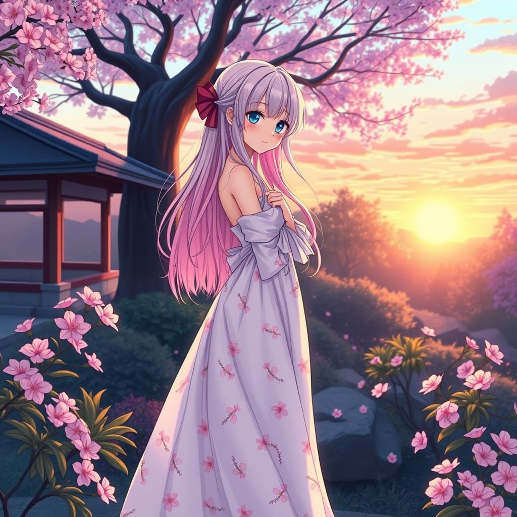 Anime Girl in Cherry Blossom Garden, Contemporary Style