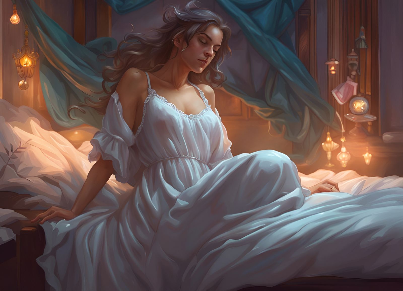 Girl Levitating in Nightgown: Detailed Digital Art