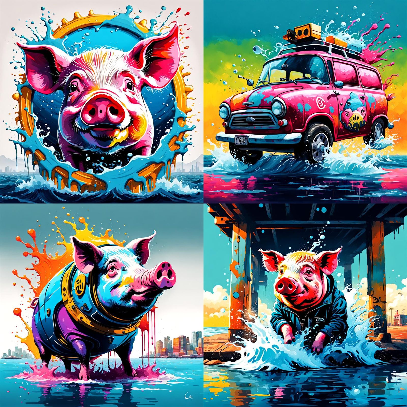 Scuba Pig Graffiti Art in Polychromatic Ocean