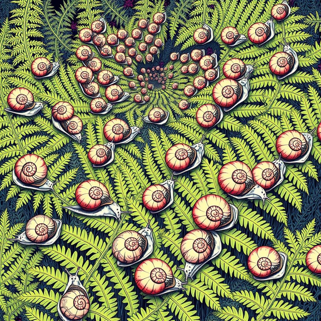 Whimsical Snail Line Art in Fantasy Landscape