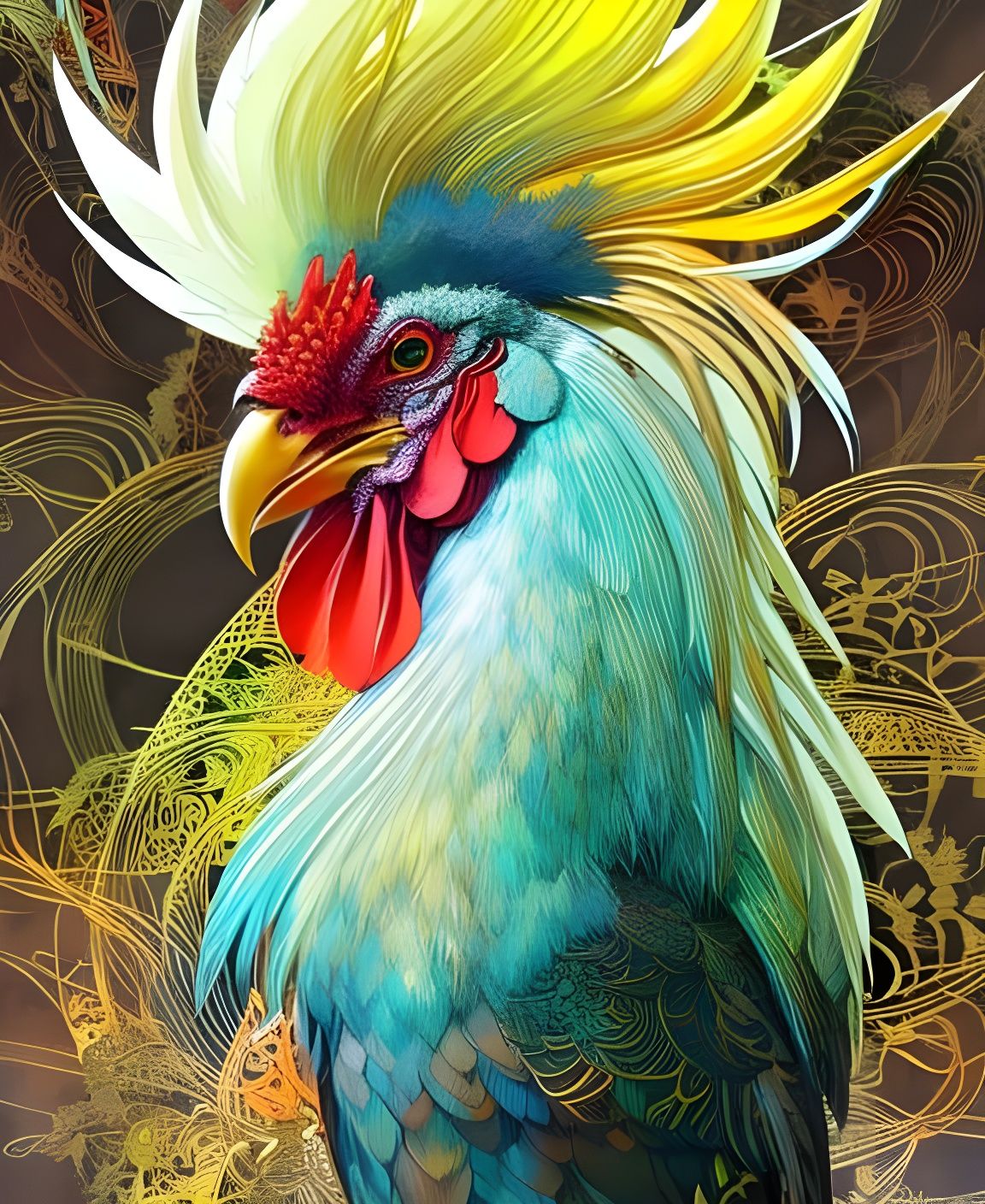Punky Rooster Portrait with Gold Outlines