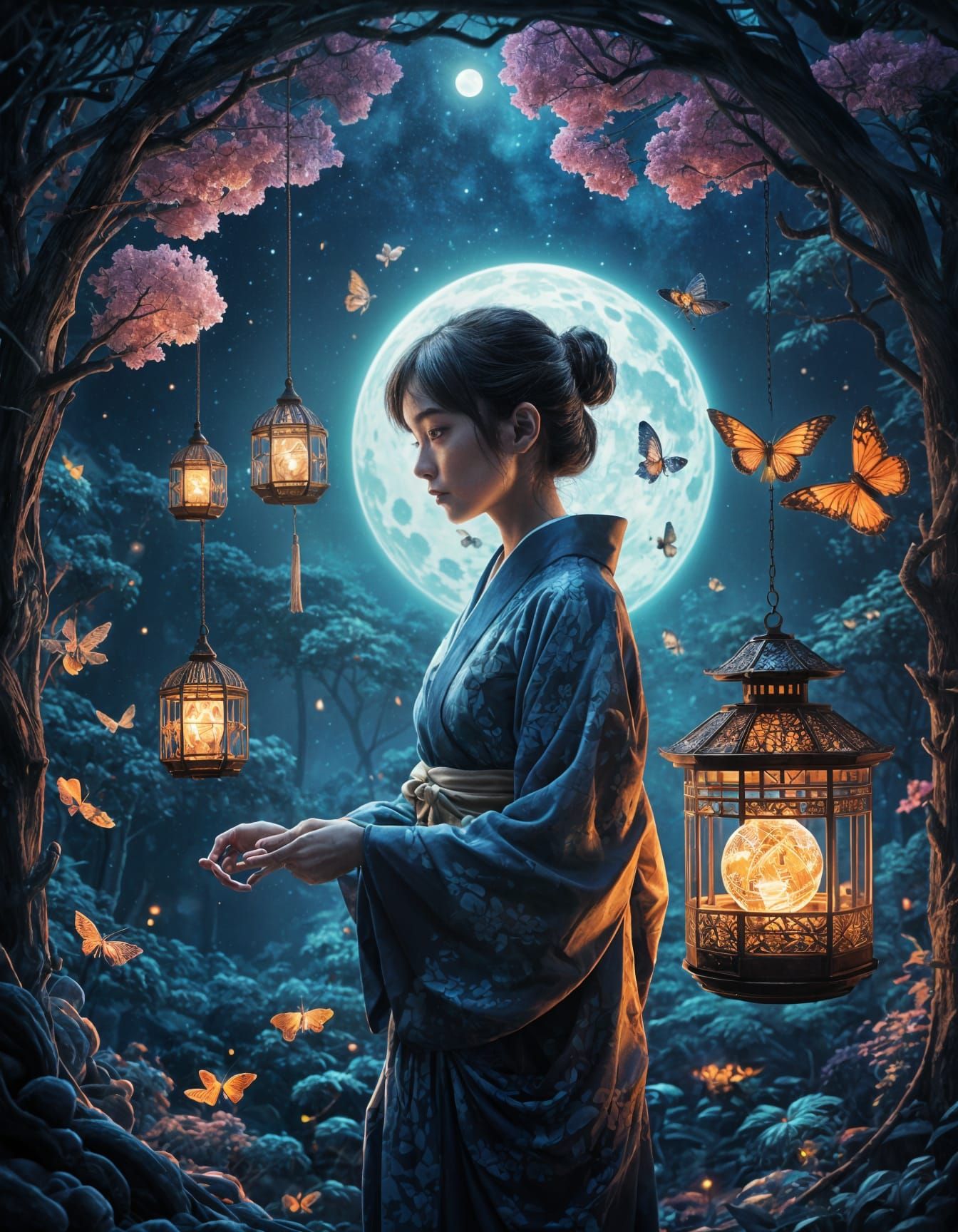 Woman in Yukata Holds Firefly Cage with Skeleton Shadow