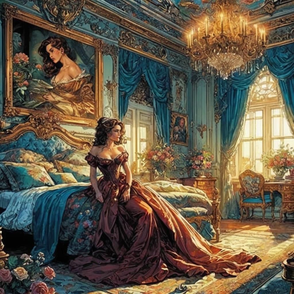 Woman in Exquisite Bedroom as Comic Book Art