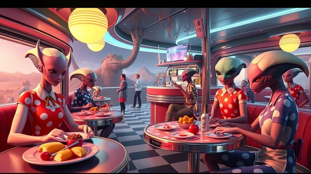 Retro Diner on Alien Planet in Hyperrealistic Style