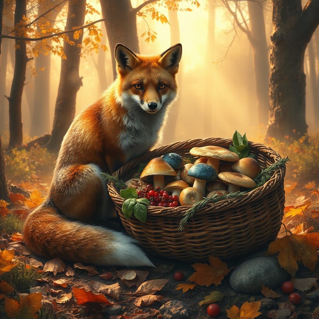 Red Fox in Golden Forest With Autumn Harvest