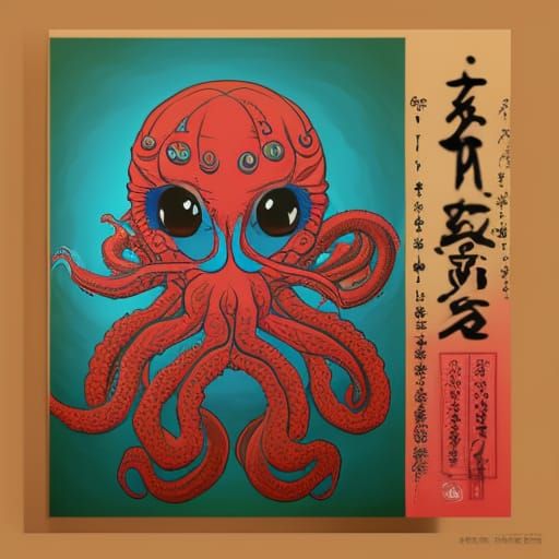 Adorable Cthulhu in Japanese Block Print Style