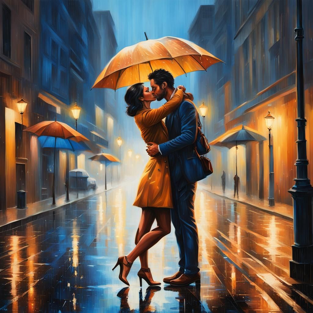 Romantic Kiss Under a Sapphire Umbrella in Rain