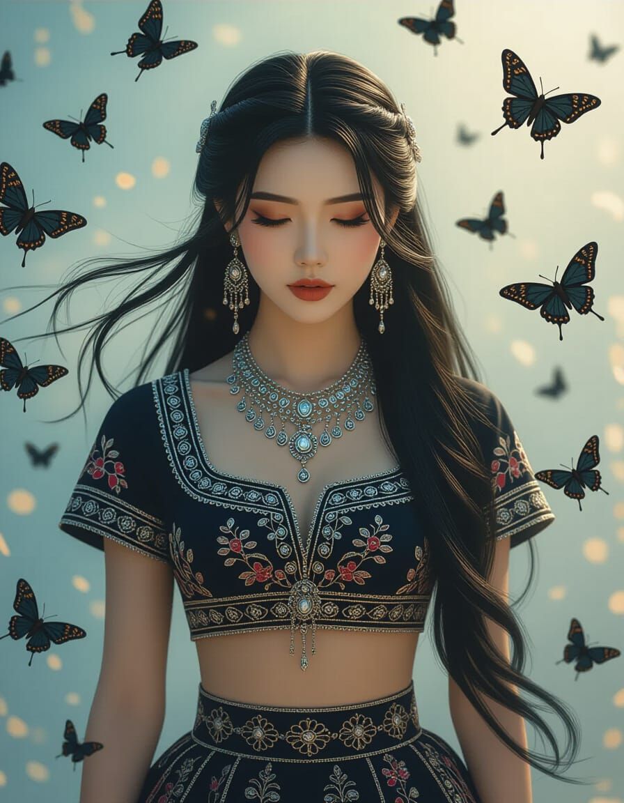 Hmong Woman Dissolving into Moths in Surreal Style
