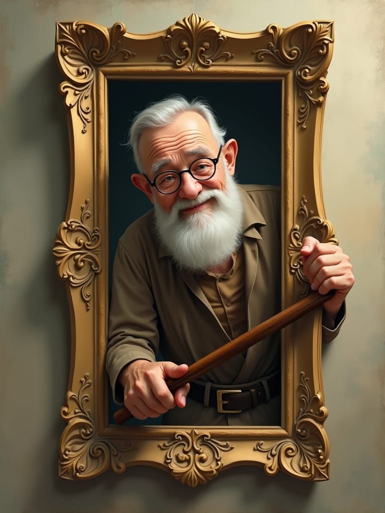 Man Escaping a Painting in Trompe-l'oeil Style