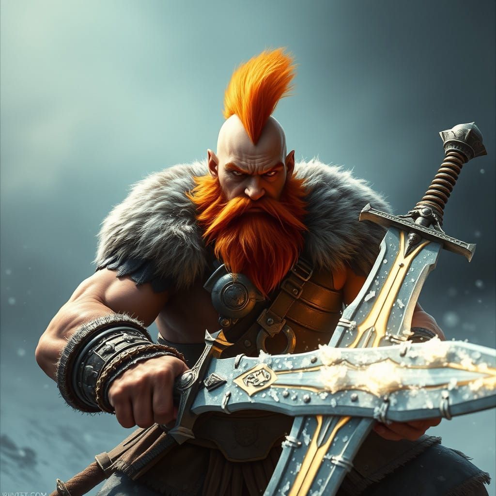 Dwarven Barbarian Wields Frost Brand Great Sword in Fantasy...