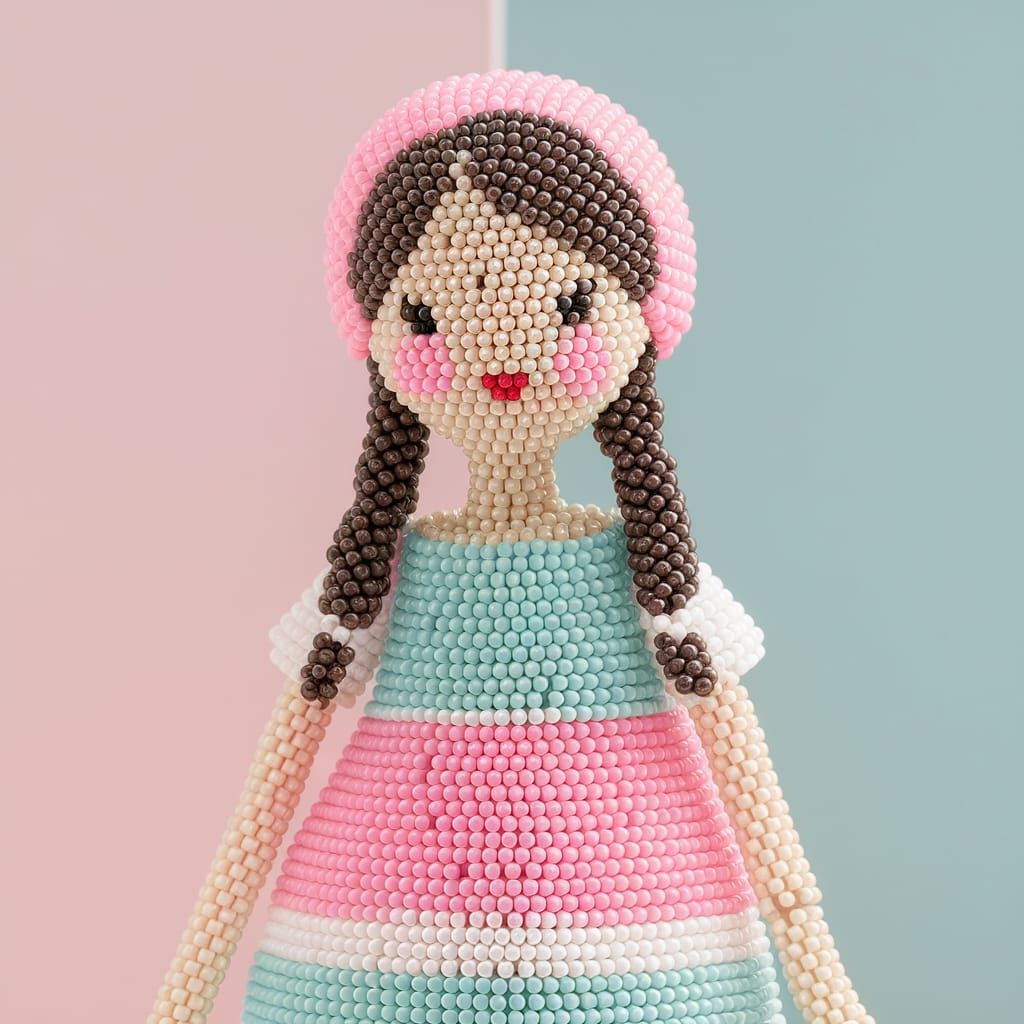 3D Beaded Figurine of Girl in Pastel Dress
