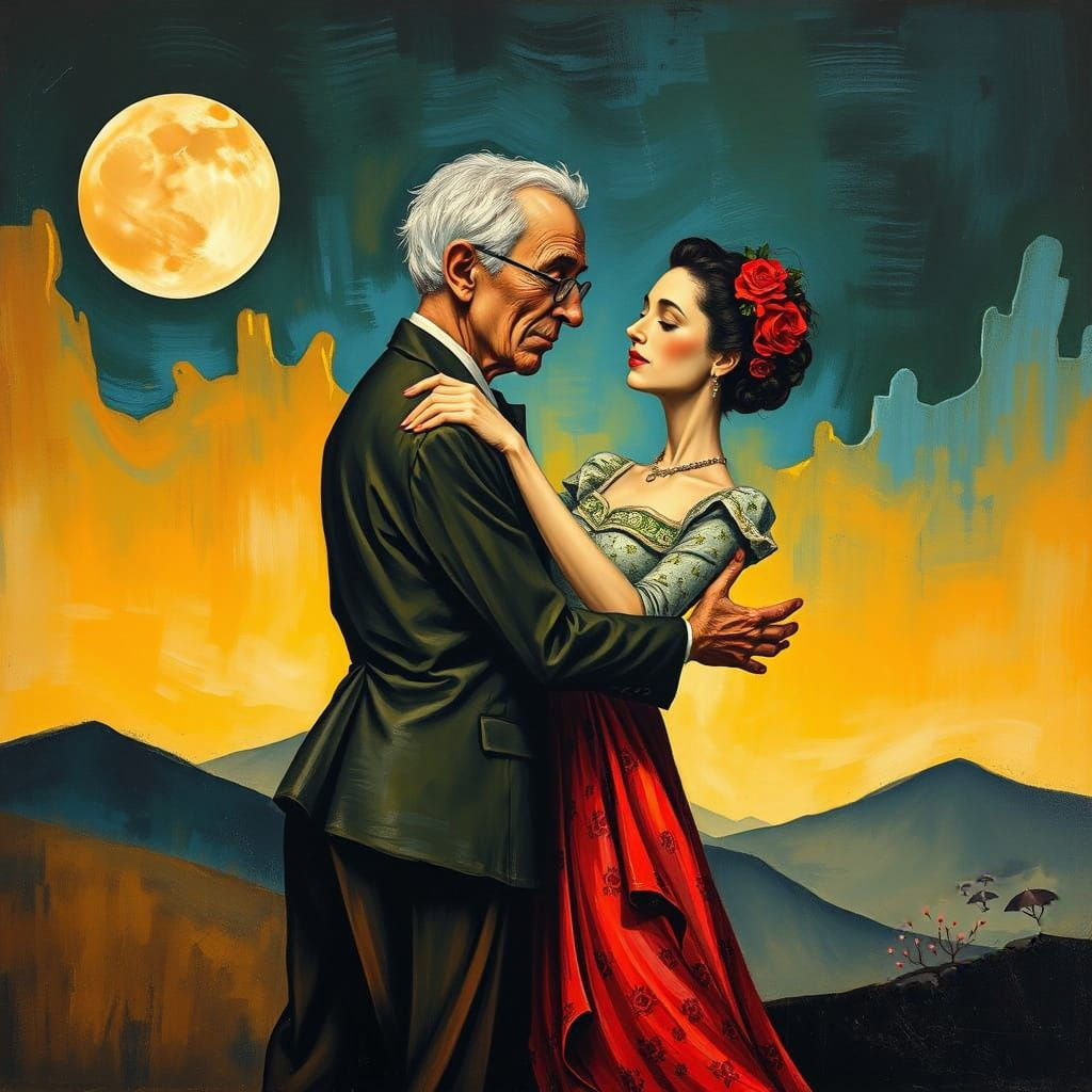 Surrealist Masterpiece of an Elderly Couple Dancing Under Mo...