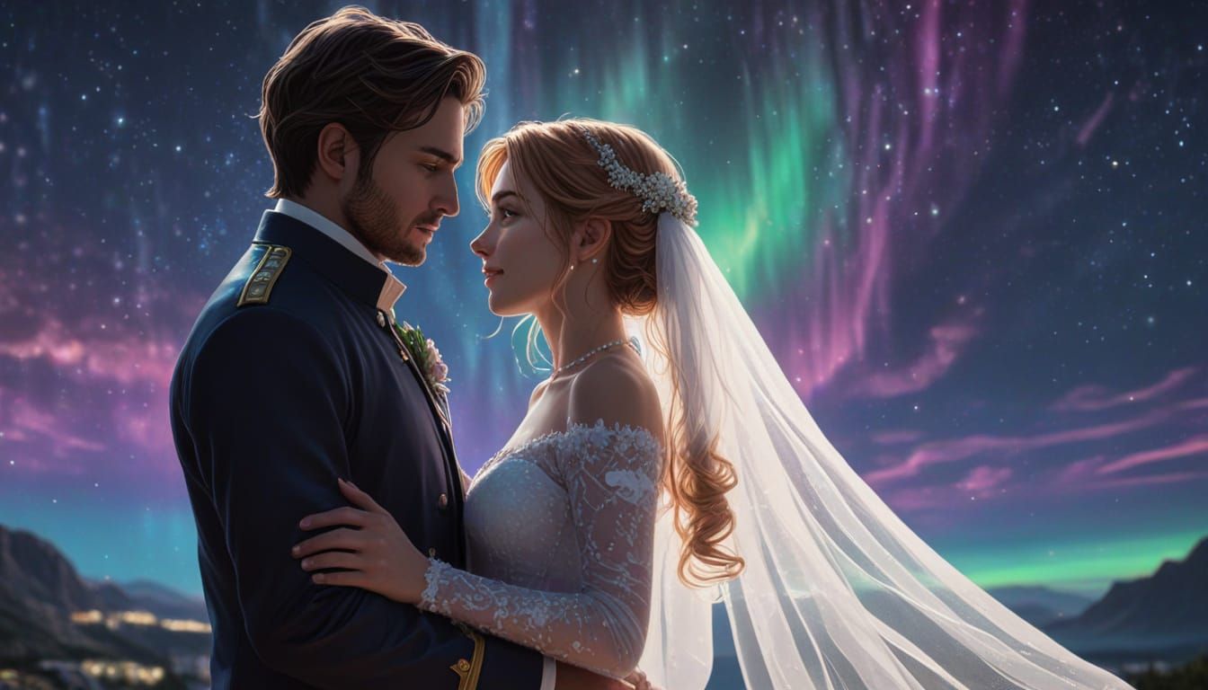 Bride and Groom Under Aurora Borealis
