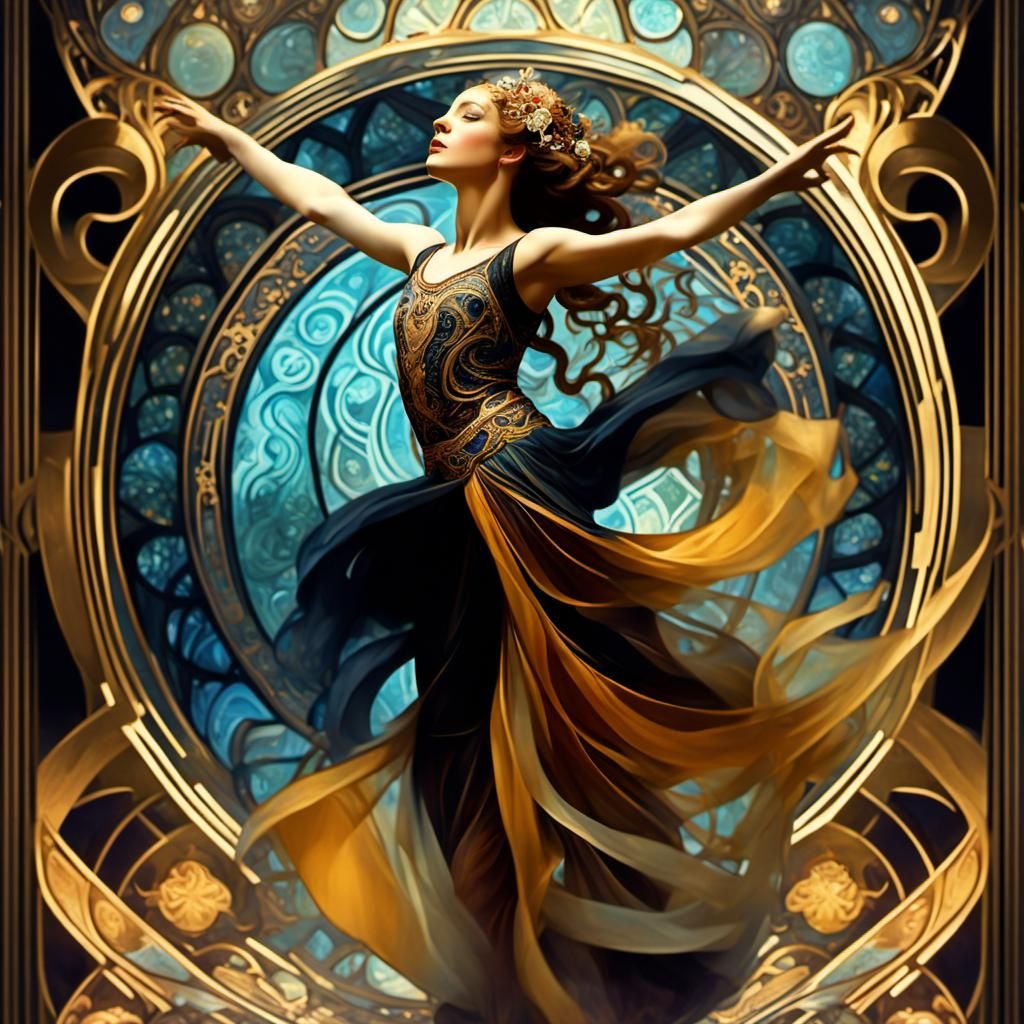 Dancer in Art Nouveau Style with Fractal Curves