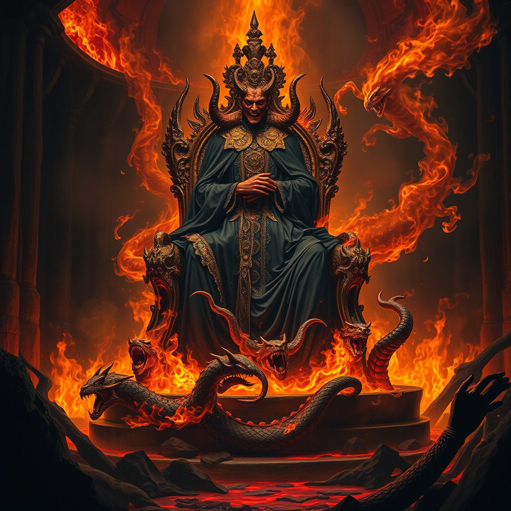 Majestic Devil on Throne of Flames in Dark Gothic Style