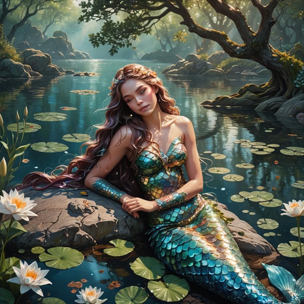 Serene Mermaid in Dreamlike Lake Scene