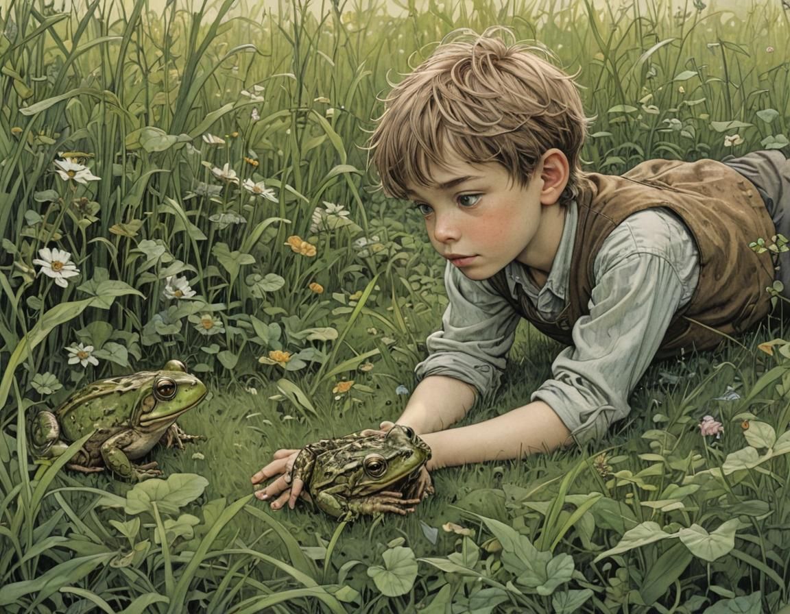 Whimsical Boy Converses with a Frog in a Lush Green Meadow