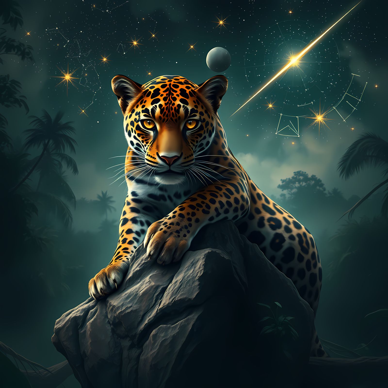 Hyperrealistic Jaguar in Misty Rainforest with Starry Sky