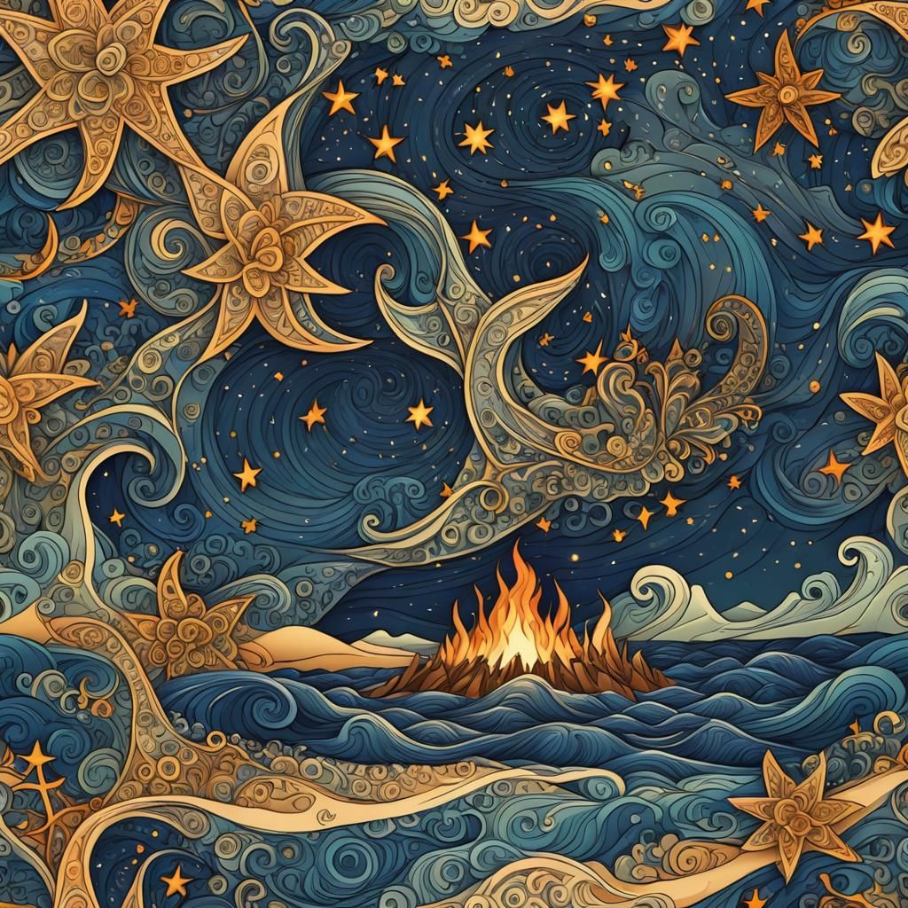 Bonfire on Beach Under Starry Night Sky