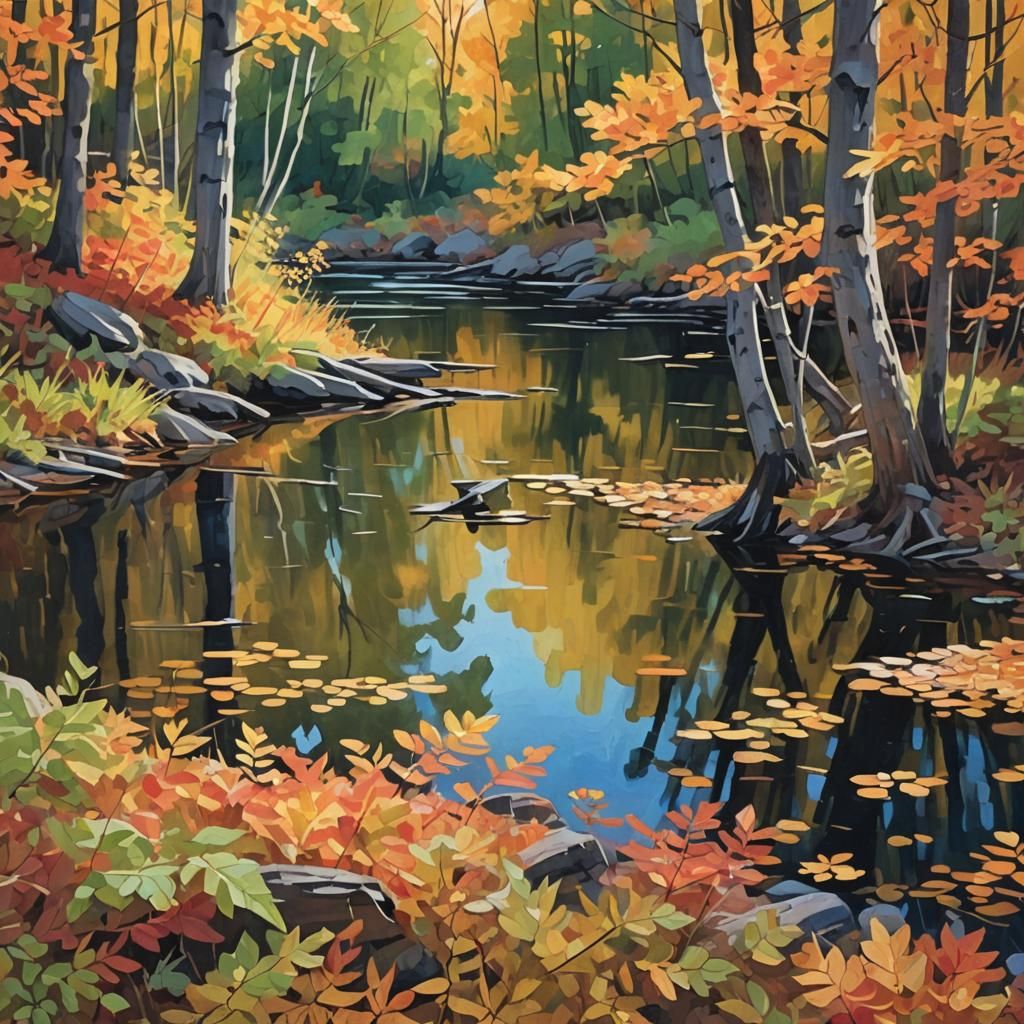 Impressionist Gouache Painting of a Beaver Pond in Autumn