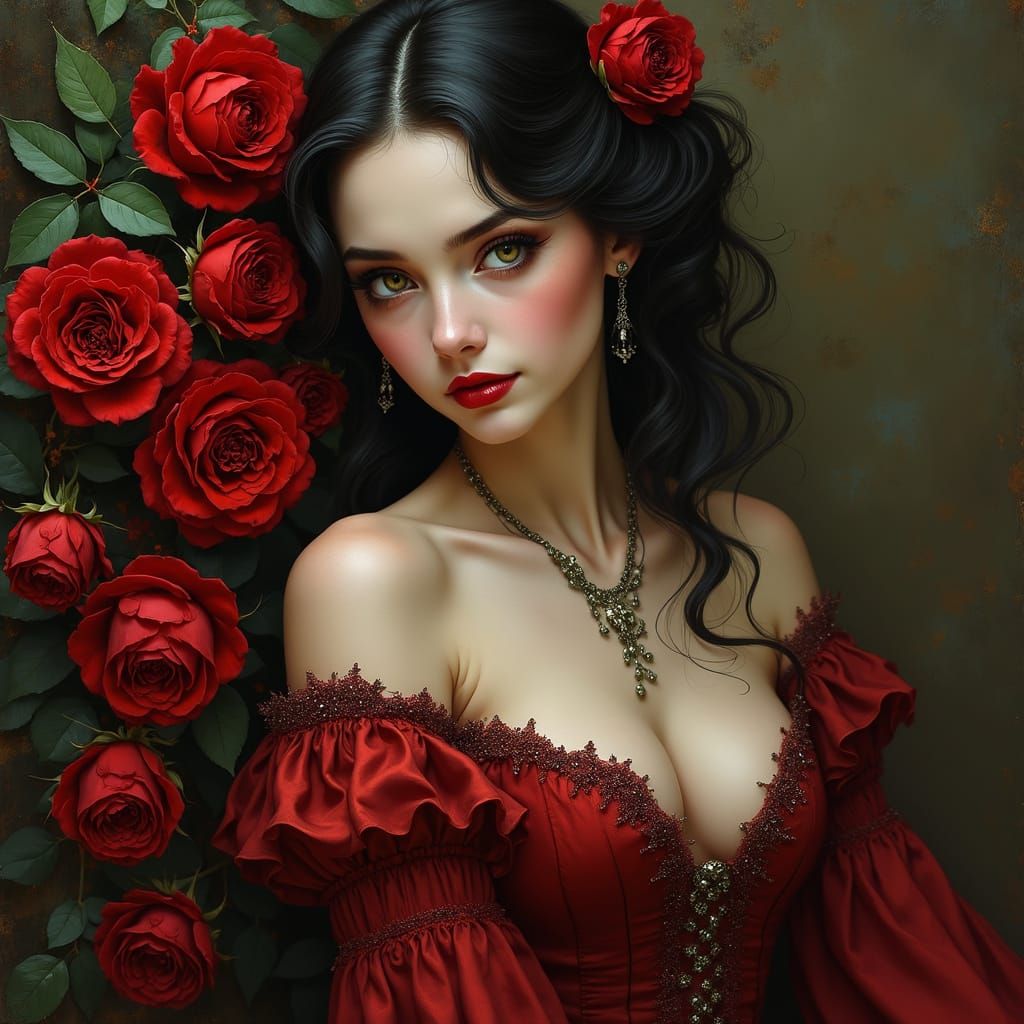 Ethereal Vampire Goddess Among Velvety Roses