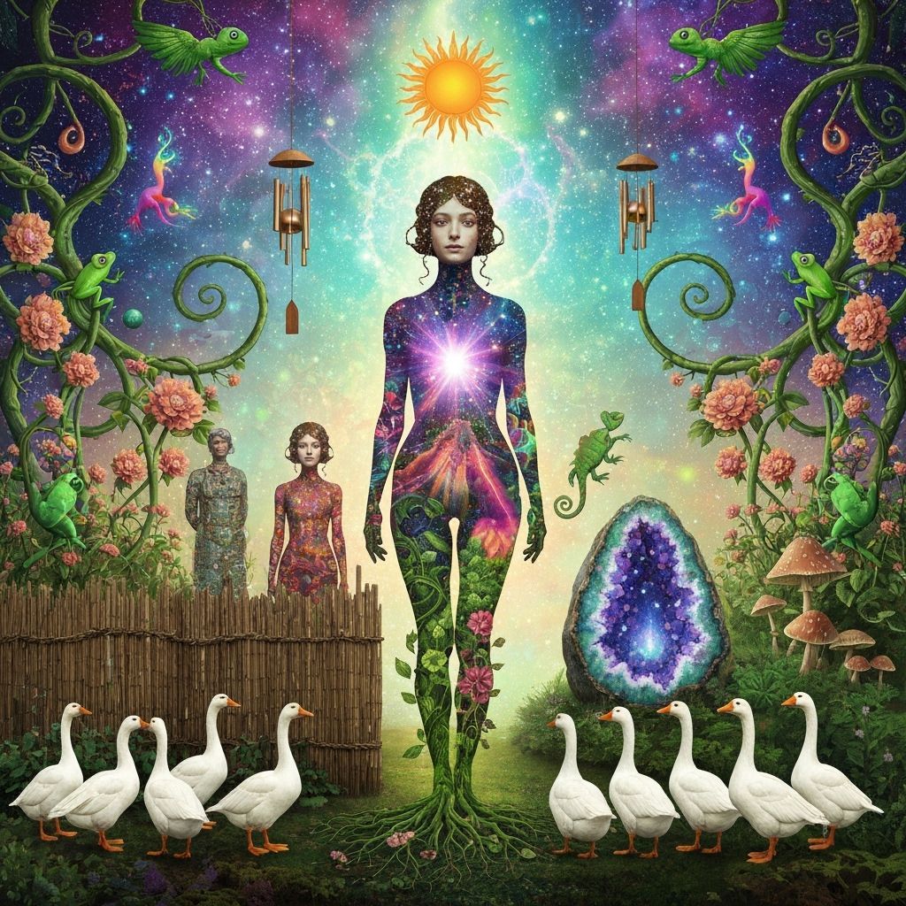 Folkloric Robot with Twins in Surreal Eco-Art Garden