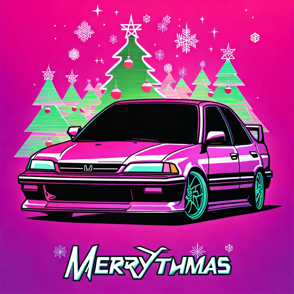 Vaporwave Honda Civic Christmas Card with Kanji