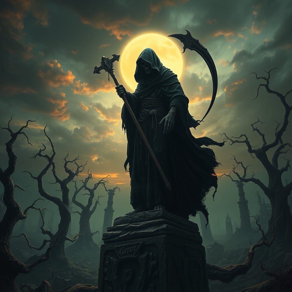 Grim Reaper in Eerie Dark Fantasy Landscape