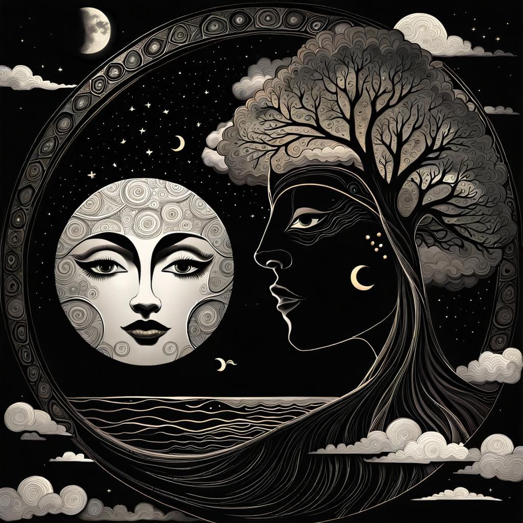 Stylized Moon Disk with Woman's Face Silhouette