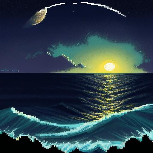 Pixel art style landscape of the ocean at night. The October...