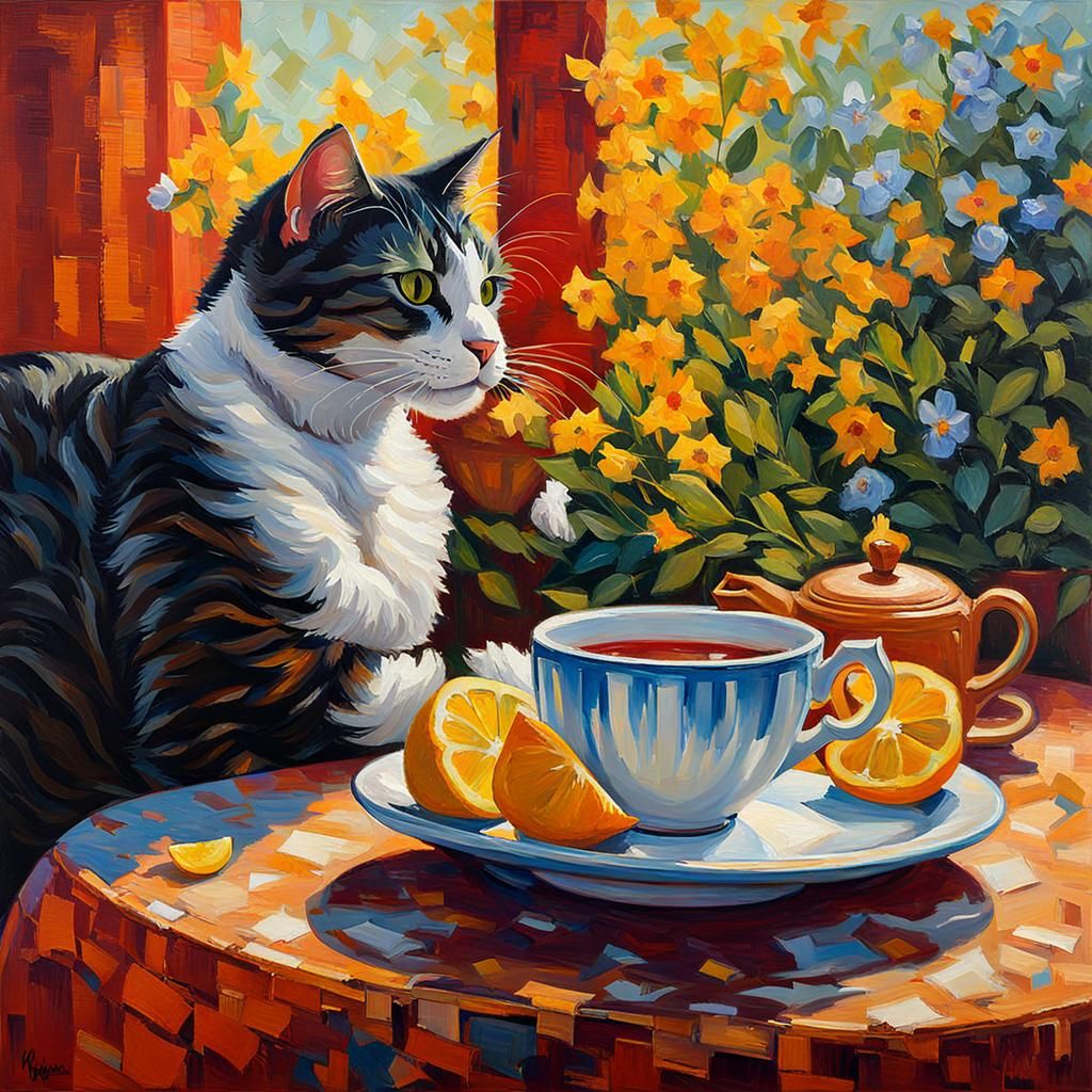 Impressionist Cat and Tea Cup: Museum Masterpiece