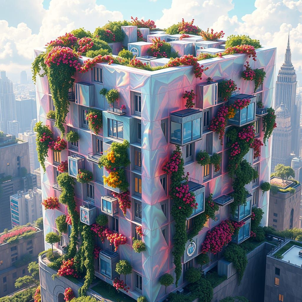 Solarpunk Metropolis with Lush, Crystal Structure
