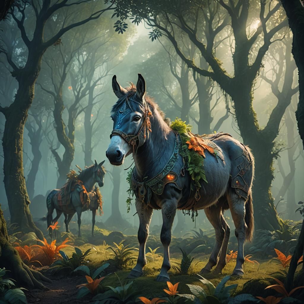 Mystical Forest Glade with Humanoid Donkey: Fantasy Art