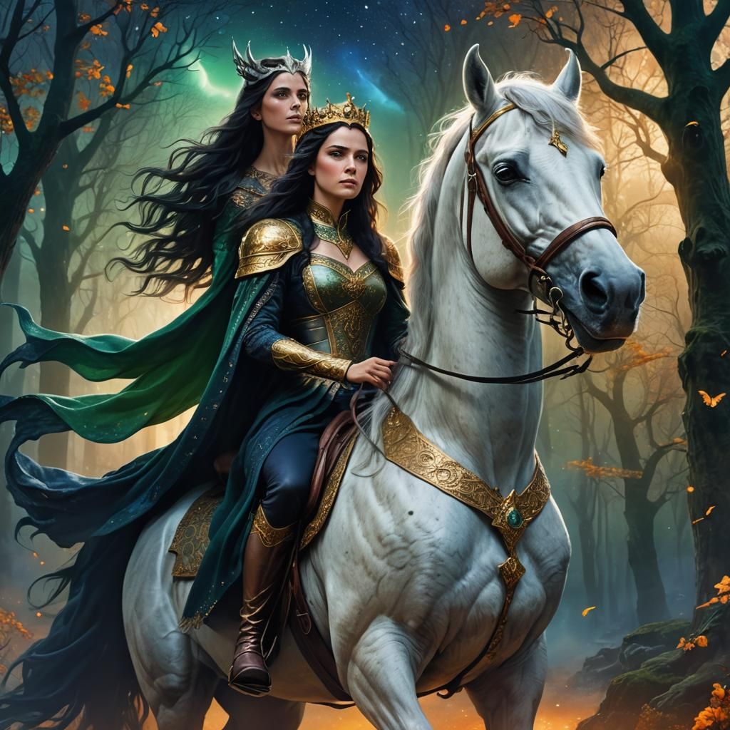 Fantasy Queen on Silver Stallion: Dark Matte Painting