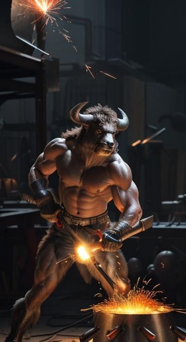 Minotaur Blacksmith at the Forge: Cinematic Film Still
