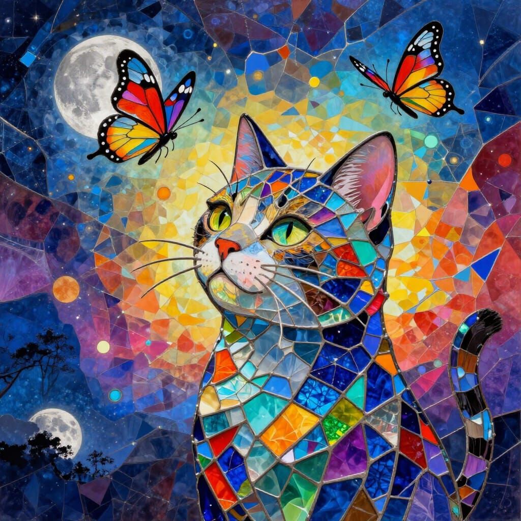 Shattered Stained Glass Cat Gazes at Butterfly