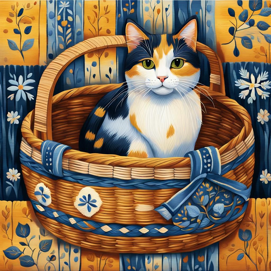 Calico Cat in Cozy Cottage, Scandinavian Folk Art