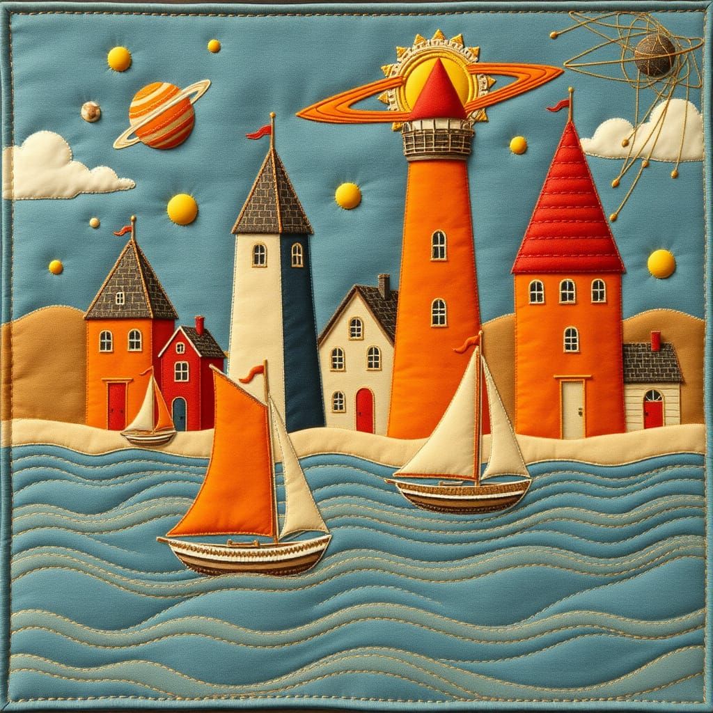 Vibrant Coastal Tapestry in Modern Folk Art Style