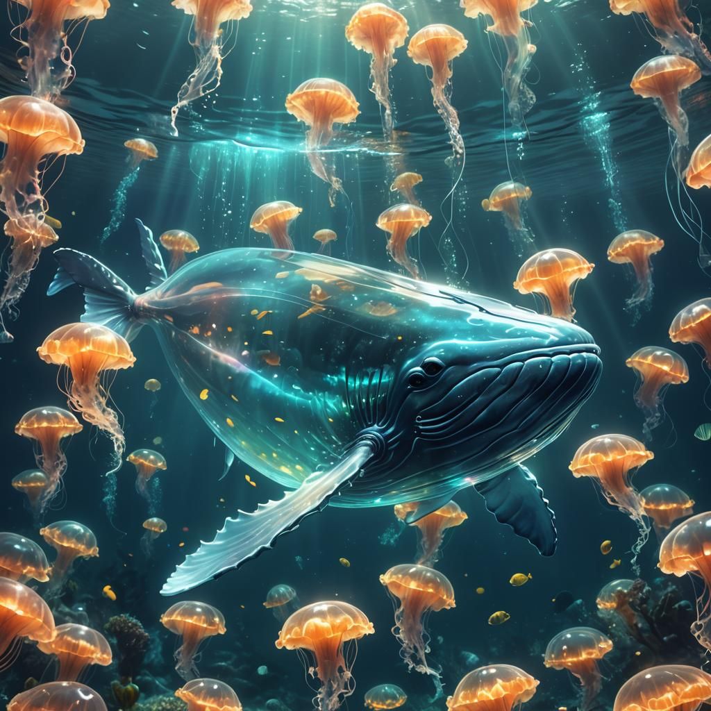 Glowing Glass Whale in Ocean