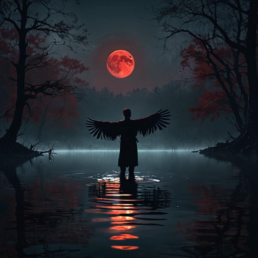 Winged Figure Above Dark Lake in Fantasy Art