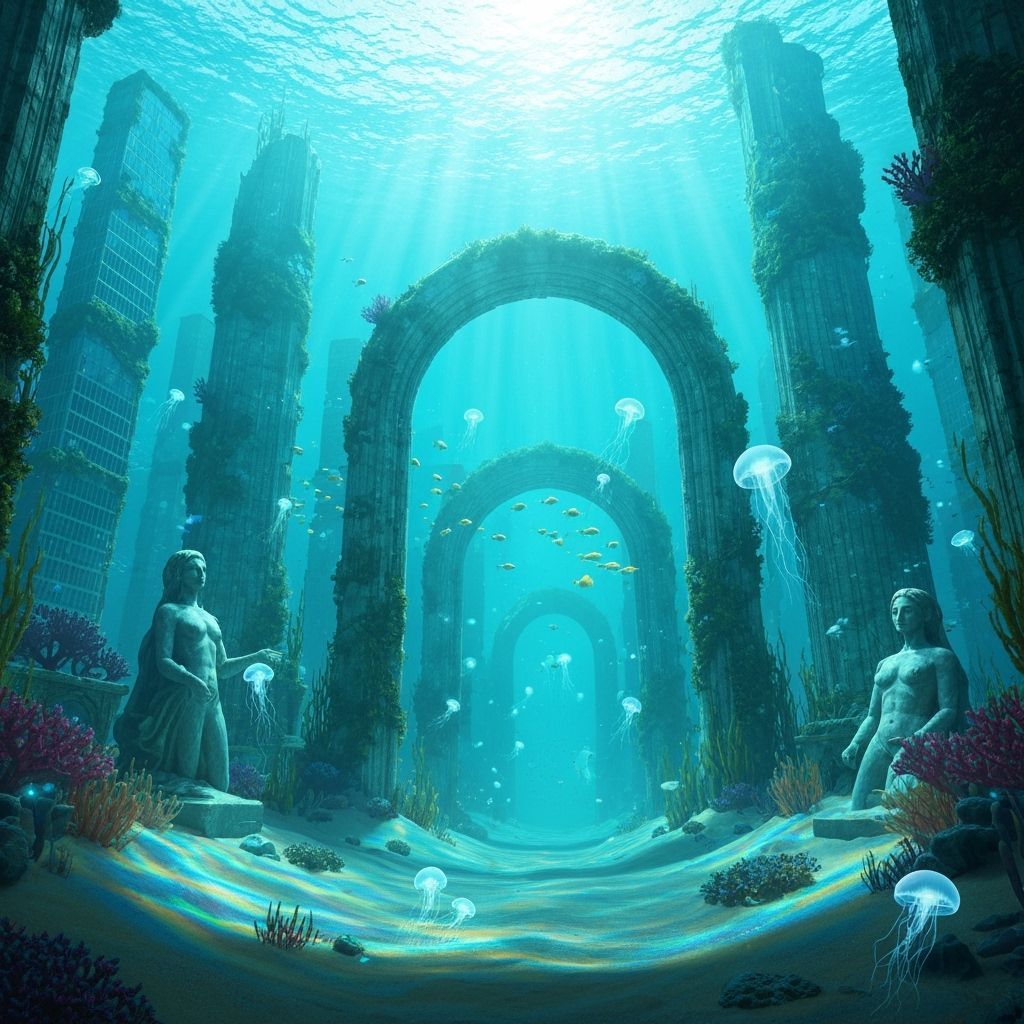 Sunken Futuristic City with Coral Skyscrapers and Ancient St...