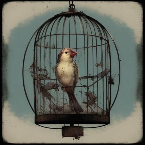 Sad bird; caged; Songbird with its vocal chords removed; tra...