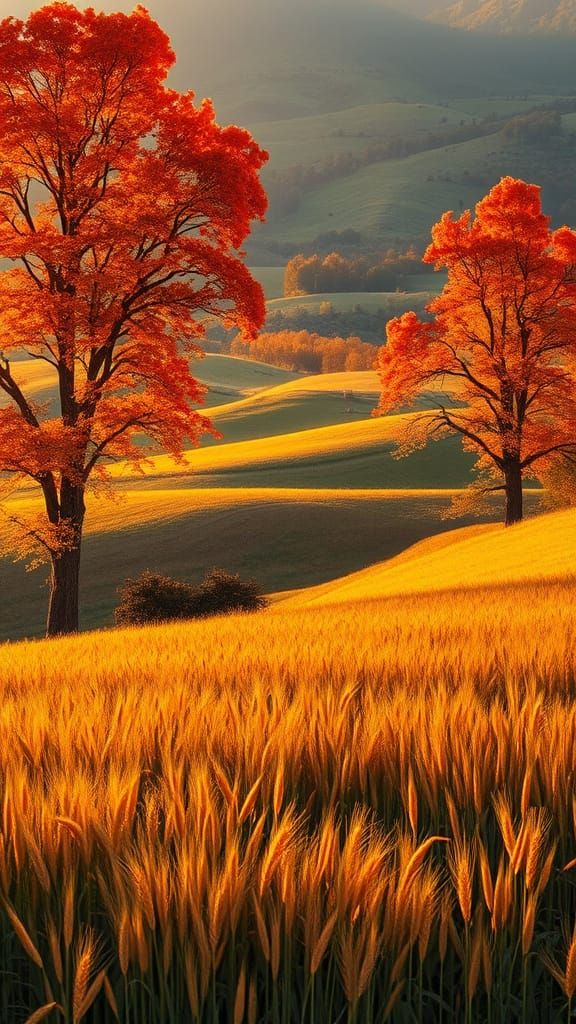 Autumn Landscape with Rolling Hills and Golden Light