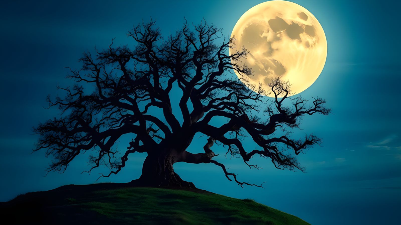 Majestic Tree Silhouette Under Vibrant Moonlit Sky