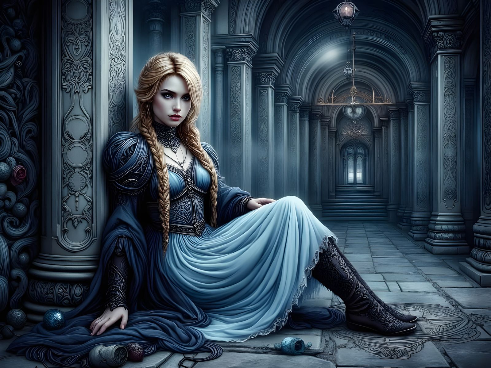 Norse Goddess in Dark Gothic Castle, Close-up Portrait