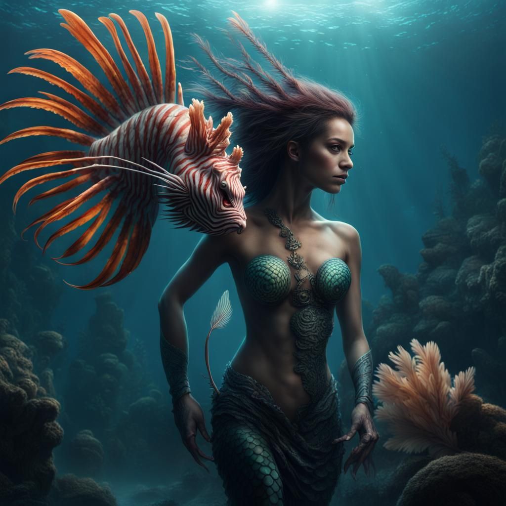 Evil Mermaid-Lionfish Hybrid in Digital Matte Painting