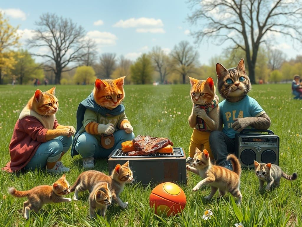 Cats' Spring Barbecue in Park, Photorealistic Style