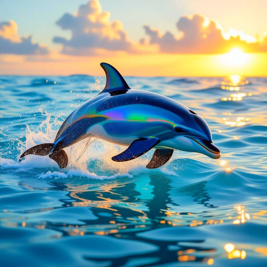 Iridescent Dolphin Leaping From Turquoise Ocean Waters