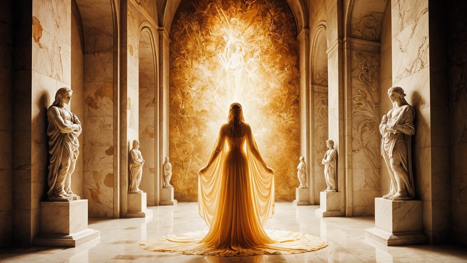 Renaissance Sci-Fi Hall with Biomechanical Sculptures