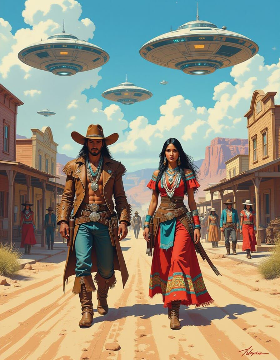 Western Town with Aliens in Mixed Art Styles